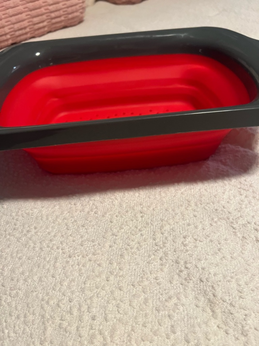 Collapsible Red Silicone Colander with Gray Rim - Picture 4 of 6